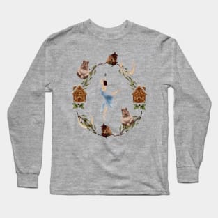 Winter Watercolor Wreath Nutcracker Ballerina Surrounded by Cute Baby Animals and Gingerbread Houses- Ballet Art Long Sleeve T-Shirt